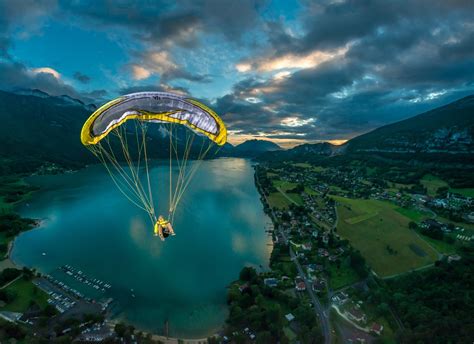 Nature Landscape Flying Paragliding Lake Mountain City Field