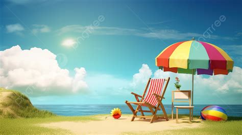 Summer Oasis 3d Landscape Featuring A Deck Chair Umbrella And Suitcase