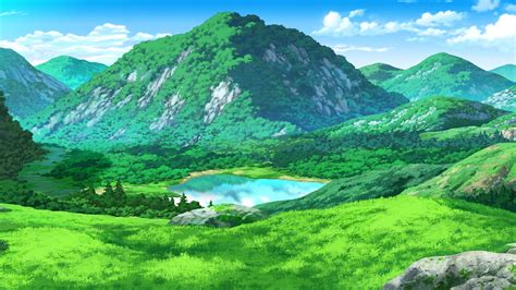 Download 3840x2160 Anime Landscape Mountain Field Grass Lake
