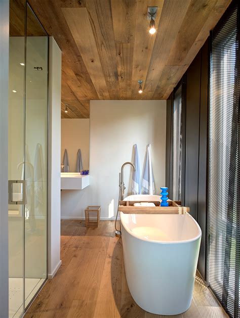Bathroom Bath Shower Wood Floor And Ceiling Home Addition