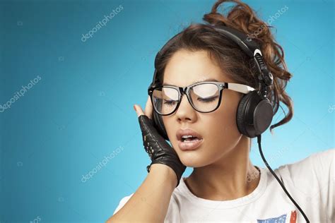 Young Woman With Headphones Listening Music Music Teenager Girl Stock