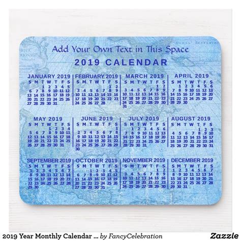 2019 Year Monthly Calendar Custom Blue Antique Map Mouse Pad Zazzle
