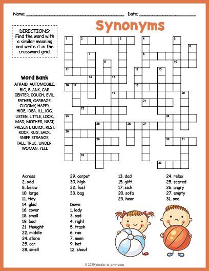 free printable synonyms in 2021 crossword for kids printable