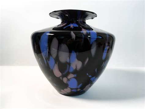 Art Glass Vase Vintage Mid Century Black Blue And Mauve Abstract Design Heavy Spatter Glass