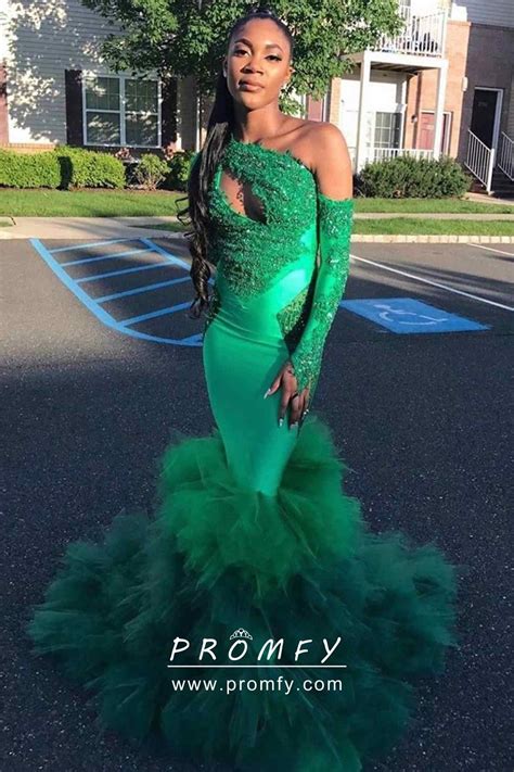 One Shoulder Keyhole Tiered Tulle Green Prom Dress Green Prom Dress