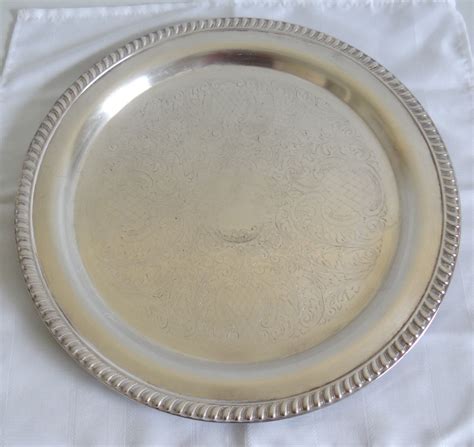 Vintage Leonard 15 Round Silverplate Tray With Etched Floral Design