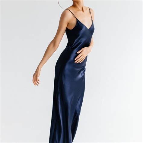 Navy Blue Satin Silk Slip Midi Dress Evening Dress Etsy