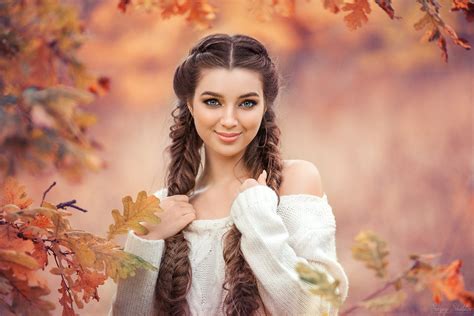 wallpaper brunette women outdoors braids blue eyes portrait fall face leaves smiling