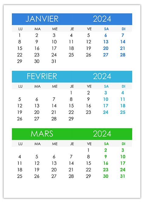 Calendrier janvier, février, mars 2024 – calendrier.su