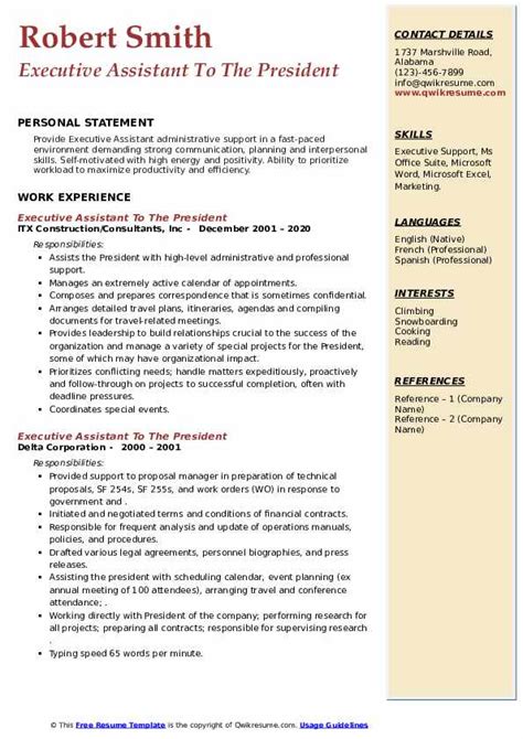 Executive Assistant To The President Resume Samples Qwikresume