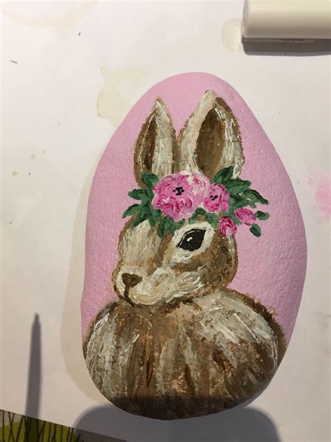 Rabbit With Flowers Rock Painting Rock Painting Patterns Painted