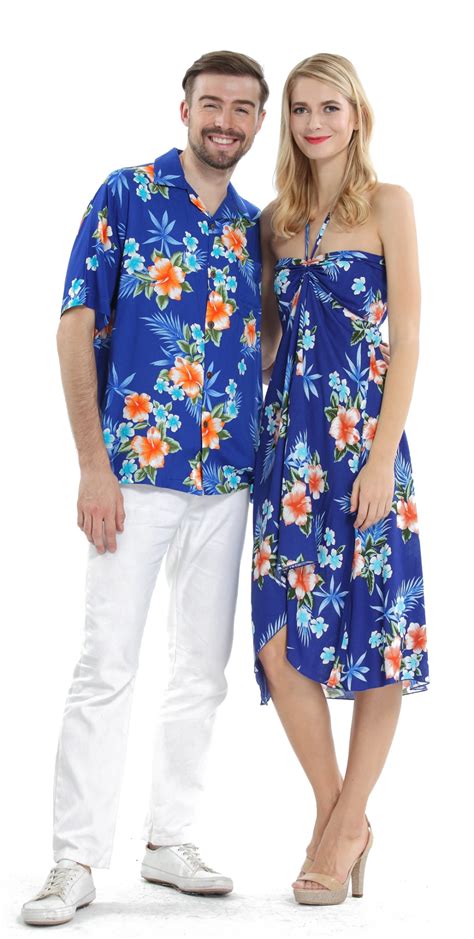 Couple Aloha Set In Hibiscus Blue Hawaiian Outfit Hawaiian Party Outfit Hawaiian Dresses Outfit