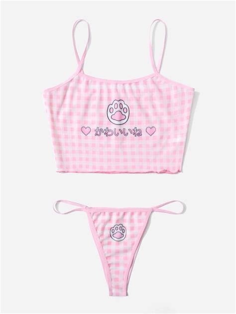 Romwe Pink Collars Lingerie Set Cute Cartoon Gingham Bikinis