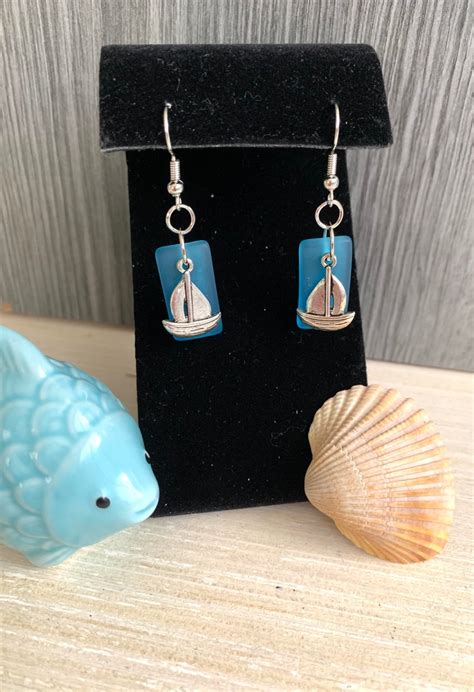 Blue Sailboat Charm Earrings Sea Glass Jewelry Nautical Etsy Beach
