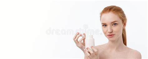 Beautiful Smiling Girl Taking Medication Holding Bottle With Pills Healthy Happy Female Eating