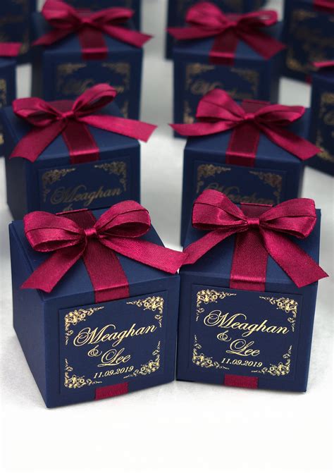70 Navy Blue And Burgundy Wedding Boxes With Gold Foil Names Elegant