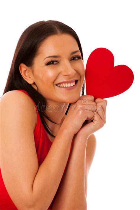 Woman In Love Wearing Red Dress Holding Red Heart Sending Message To