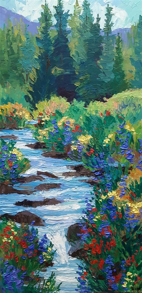A Painting Of A Stream Surrounded By Trees And Flowers In The