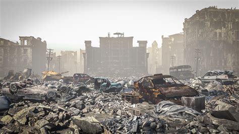 Post Apocalypse Ruins Of A City Apocalyptic Landscape Stock Photo