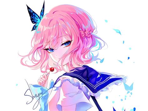 Anime Original Blue Eyes Butterfly Girl Pink Hair Hd Wallpaper