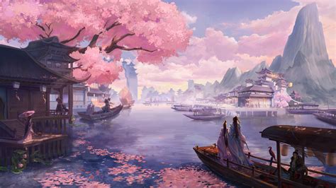 Painting Cherry Blossom Tree Mountain 1920x1080 Download Hd