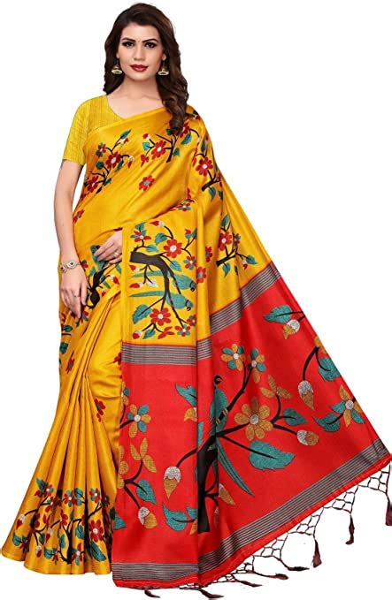 Jp Peegli Saree 女性の民族サリーkalamkari印刷バガルプリシルク結婚式黄色サリー6ヤード 服＆ファッション小物