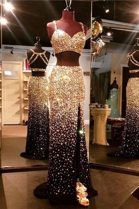 Buy Sparkly Gold And Black 2 Pieces Beading Sheath Evening Dresses Prom