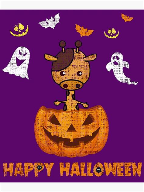 Happy Halloween Cute Giraffe Pumpkin Graphic Design For Kids Poster