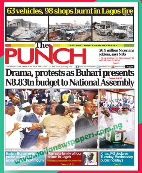 Nigerian Newspapers Front Page Headlines Thursday 20th December 2018