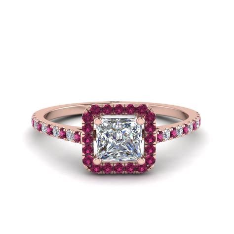 Princess Cut Square Halo Diamond Engagement Ring With Pink Sapphire In