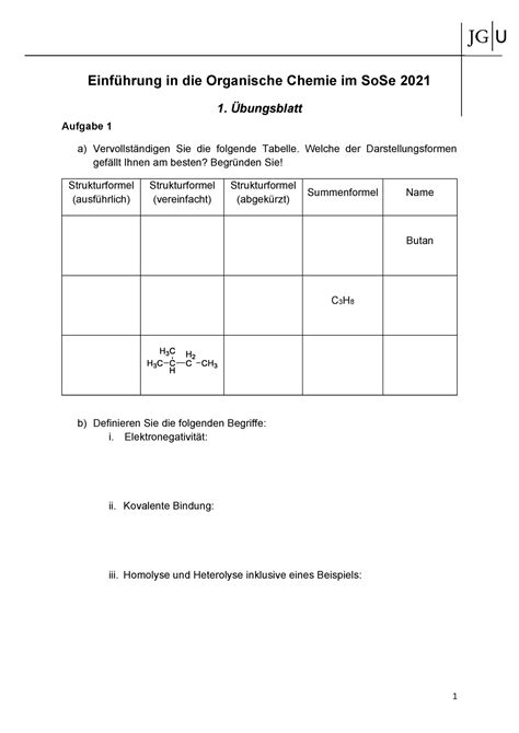 1 Übungsblatt Übungsblätter Anorganische Chemie Und Organische