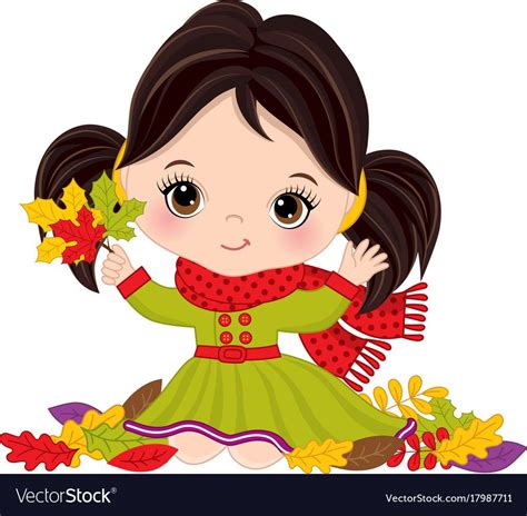 Vector Cute Little Girl With Autumn Leaves Vector Little Girl Wearing
