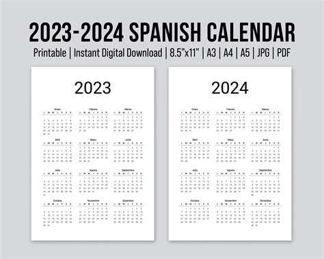 Calendario Anual Español 2023 2024 Imprimible Calendario Español