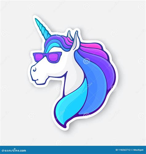 Sticker Of Fairy Tale Unicorn Head In Sunglasses With A Rainbow Mane
