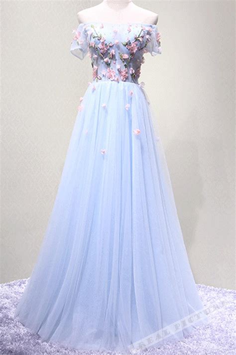 Light Blue Chiffon Flowers Applique Off Shoulder Long Prom Dress