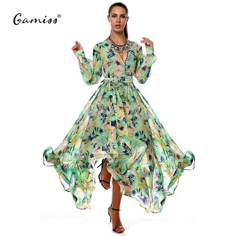Gamiss Womens Summer Maxi Dress V Neck Long Sleeves Floral Print