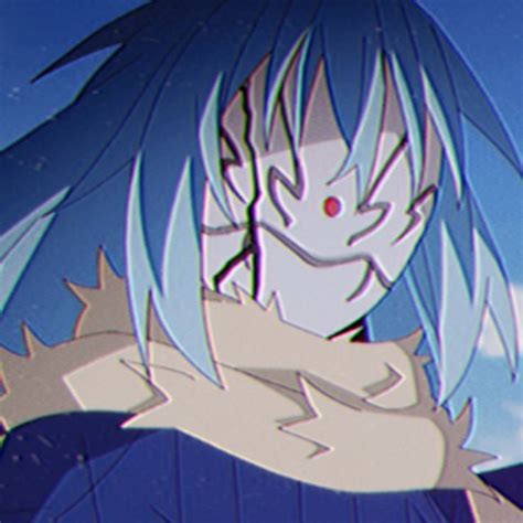 An Anime Character With Blue Hair And White Eyes Looking To The Side In Front Of A Sky Background