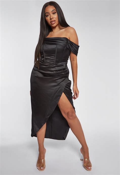 Plus Size Black Satin Corset Bardot Midi Dress Missguided