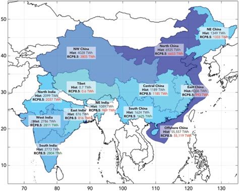 Map Of Regional Wind Power Potential Changes Twh For India And China