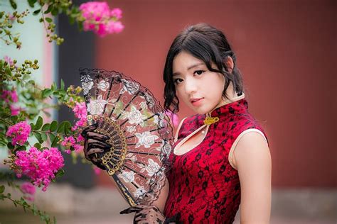 look girl flowers branches dress fan asian cutie hd wallpaper wallpaperbetter