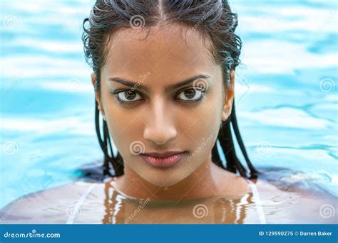 Indian Asian Woman Girl In Swimming Pool Stock Image Image Of Face Female 129590275