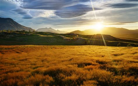 Nature Landscapes Meadow Fields Mountains Sky Clouds Sunset Sunrise