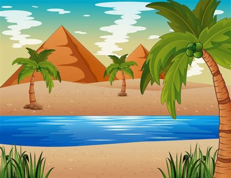 Premium Vector Desert With Pyramid And Nile River Illustration