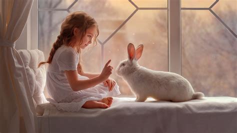 Cute Little Girl Is Playing With White Rabbit Wearing White Dress Hd