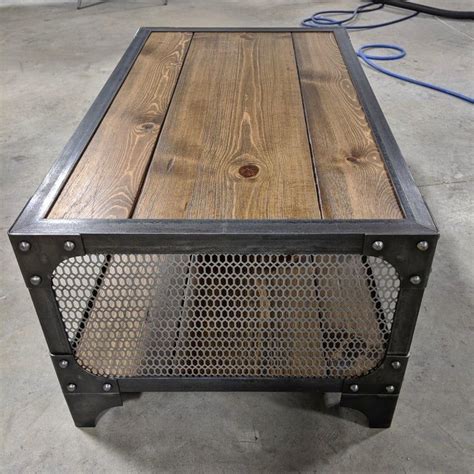 Industrial Coffee Table With Wood And Mesh In 2021 Industrial Style