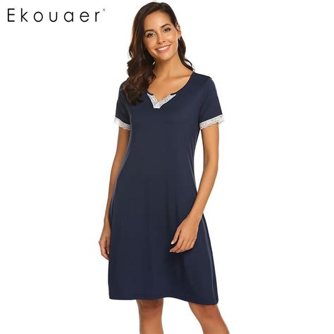 Ekouaer Women Chemise Sleepshirts Nightgown V Neck Short Sleeve Lace Trim Sleepwear Dress Spring