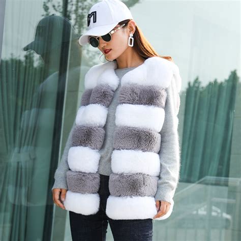 Faux Fox Fur Stripe Vest Women Winter Fashion Medium Long Artifical Fox