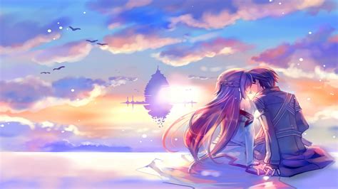Download 1366x768 Wallpaper Anime Couple Kiss Yuuki Asuna Kirigaya