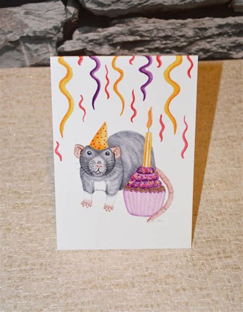 Rat Birthday Card Rat Celebrating With Cupcake Birthday Etsy