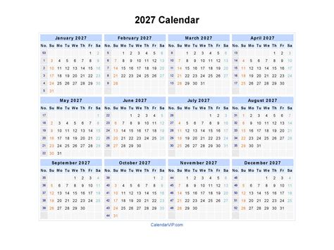 2027 Calendar Blank Printable Calendar Template In Pdf Word Excel
